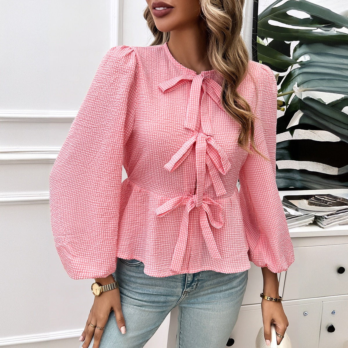 Autumn and winter women's casual bubble sleeves round neck loose long sleeved shirt for women