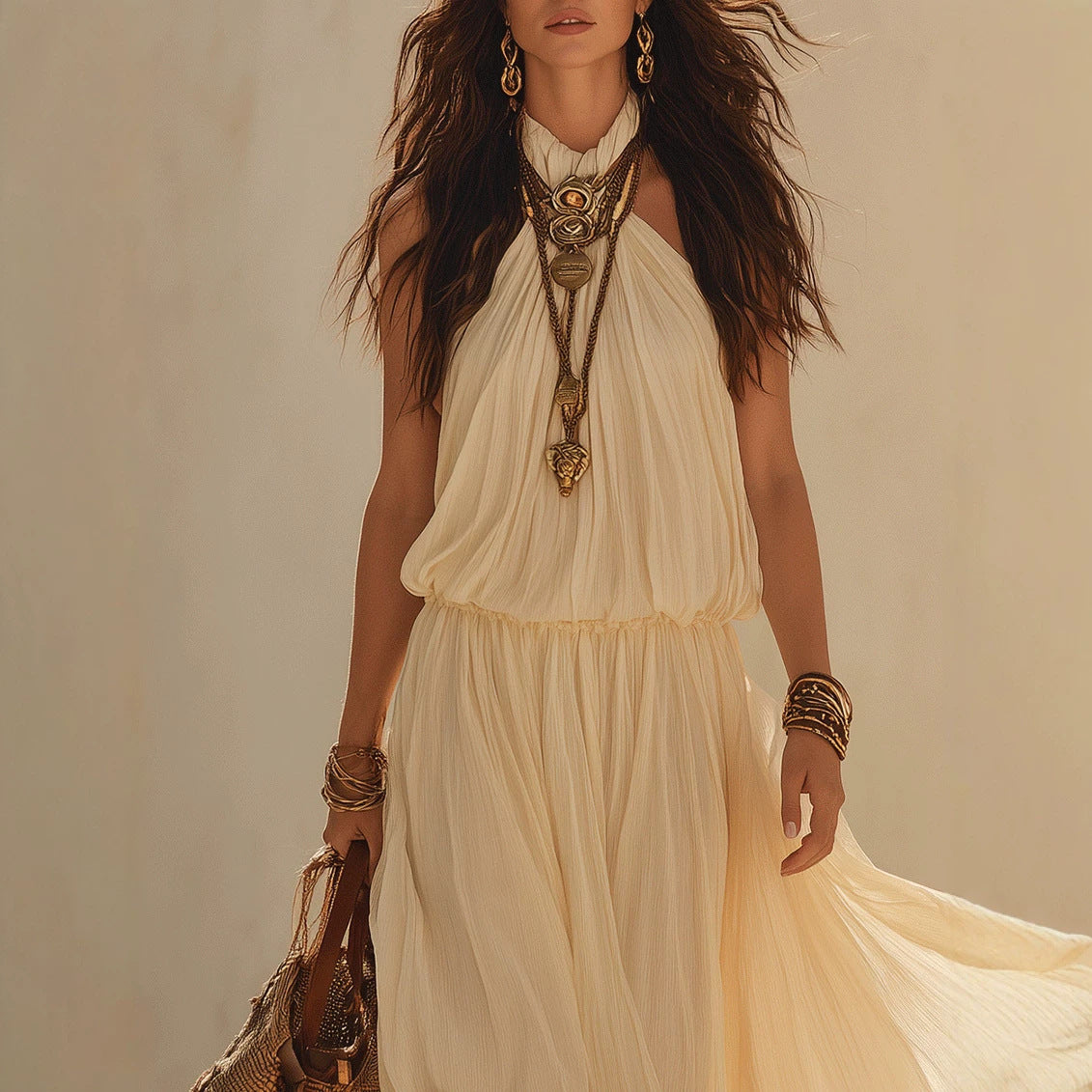 Hanging neck and waist cinching dress