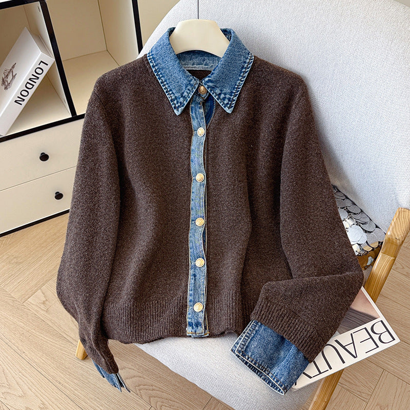 Denim Polo Neck Patchwork Knit Sweater