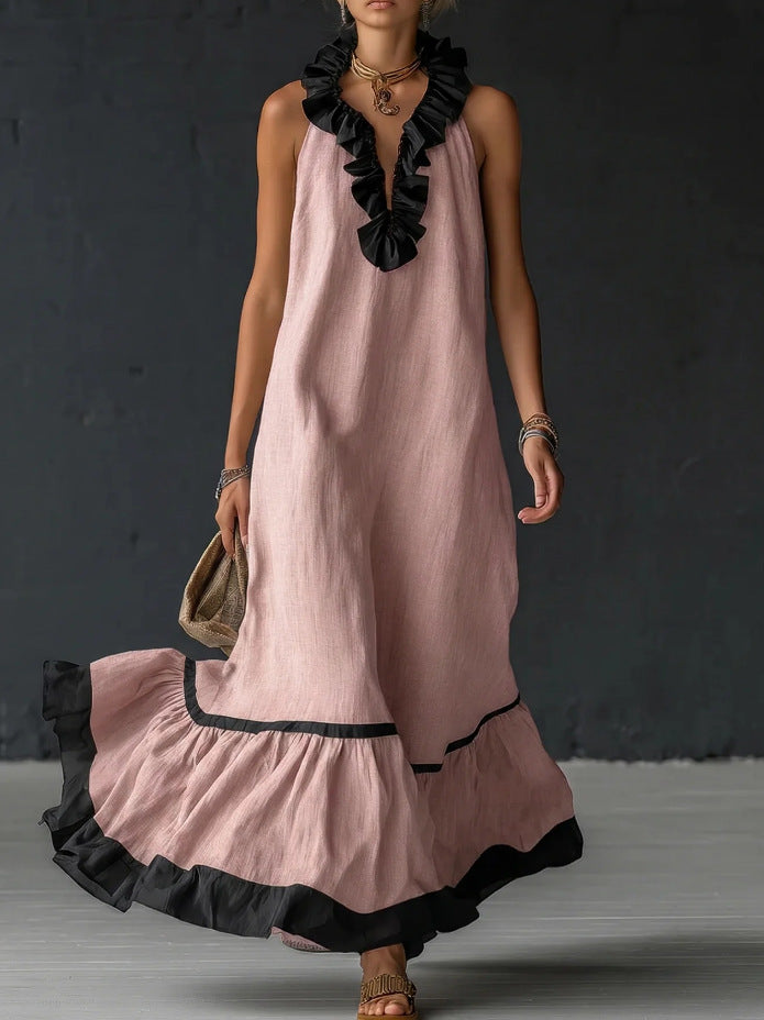 Sleeveless V-neck loose ruffle side length vest dress