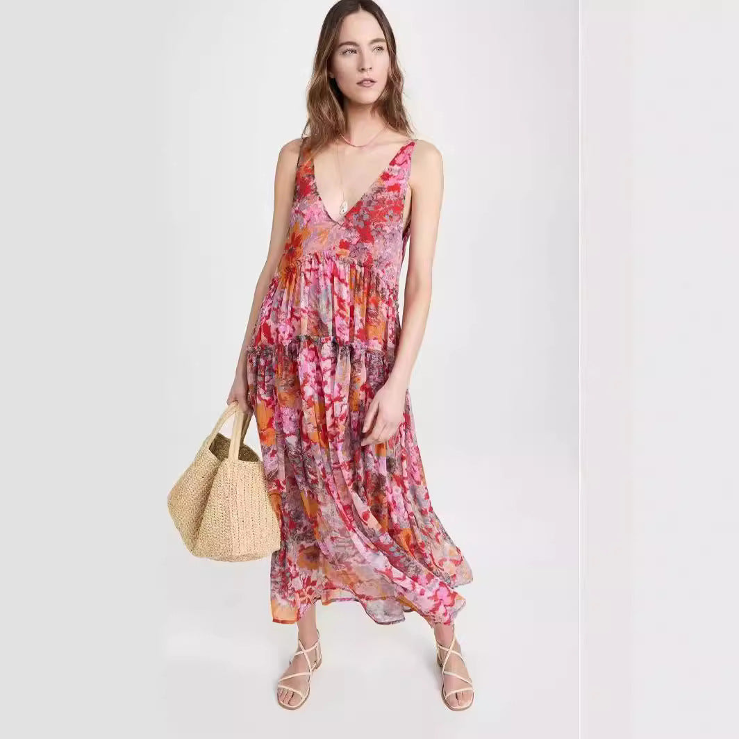 Elegant Chiffon Printed Strapless Dress INS Casual Loose Vacation Dress