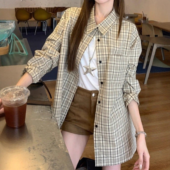 Checkered Shirt Women  Style Lazy Long Sleeve Polo Collar Blouse Unique Versatile Loose Open Front Top
