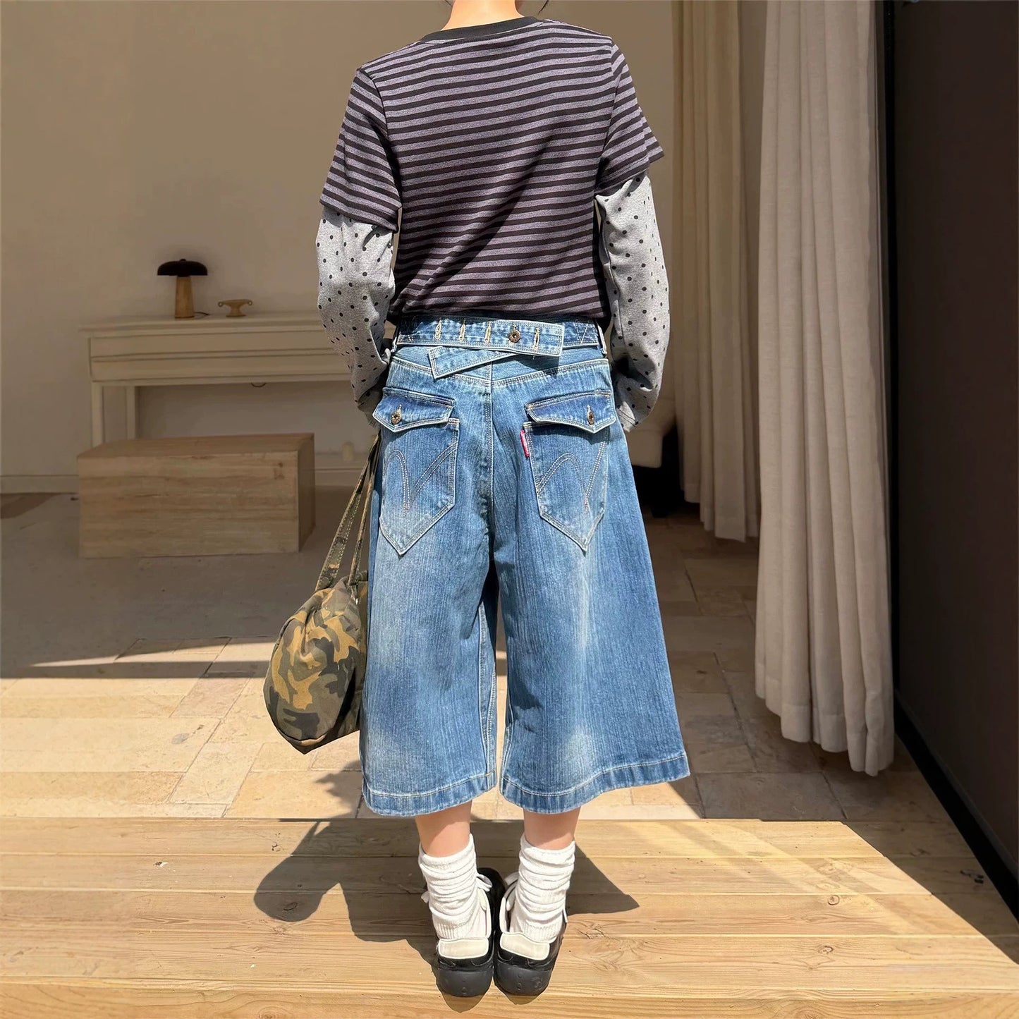 Bamboo Texture Button-Down Denim Pants