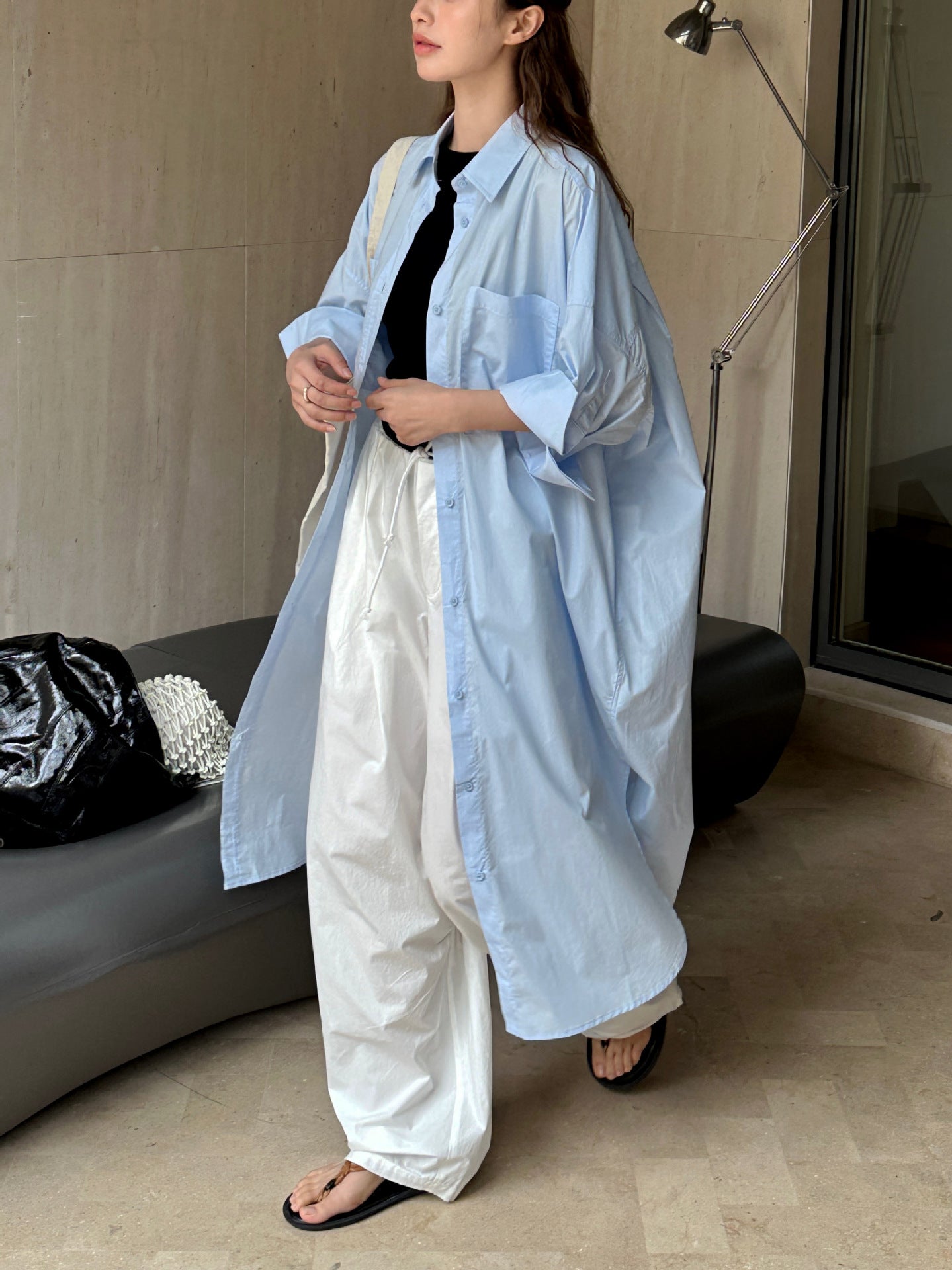 Blue shirt casual slimming mid length top for women