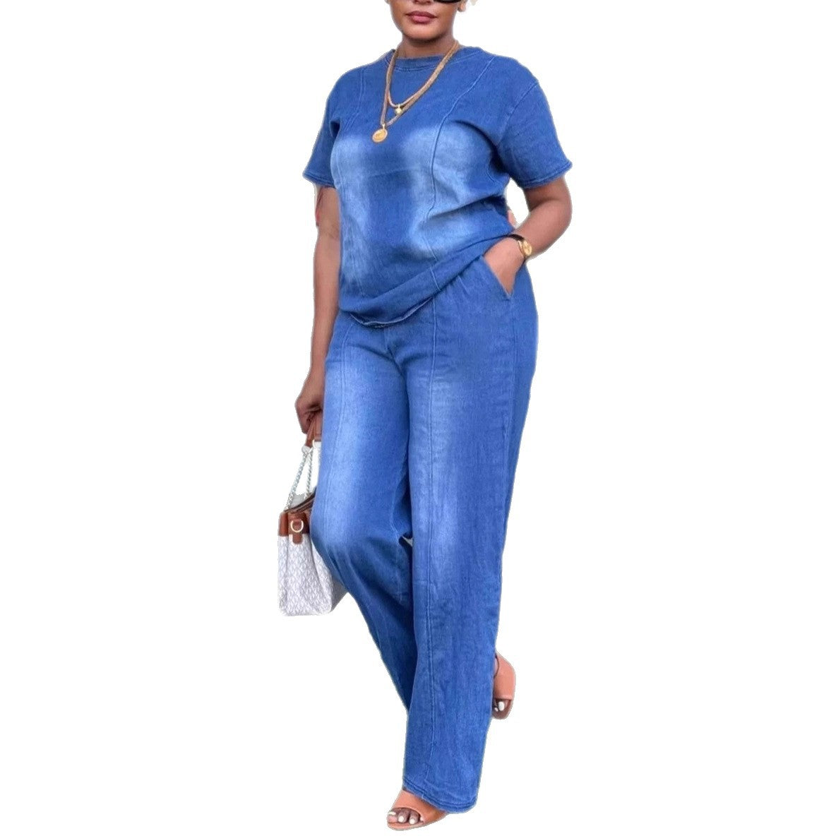 Fashion Washed Blue Loose Short Sleeve Denim Women's Set Casual Style