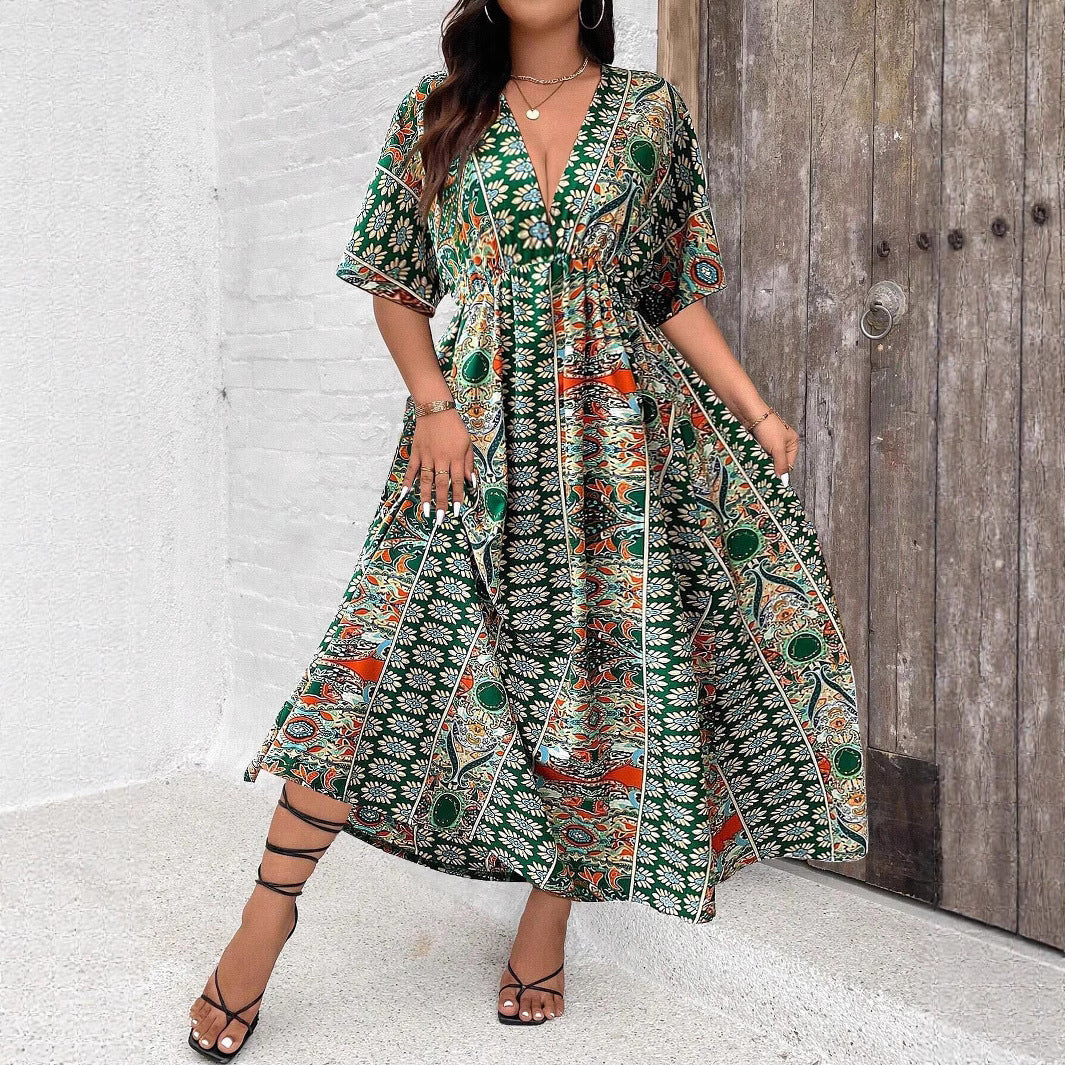 Bohemian Print Dress for Women, Casual Long Sleeve Maxi DressPlus Size Fashion Style