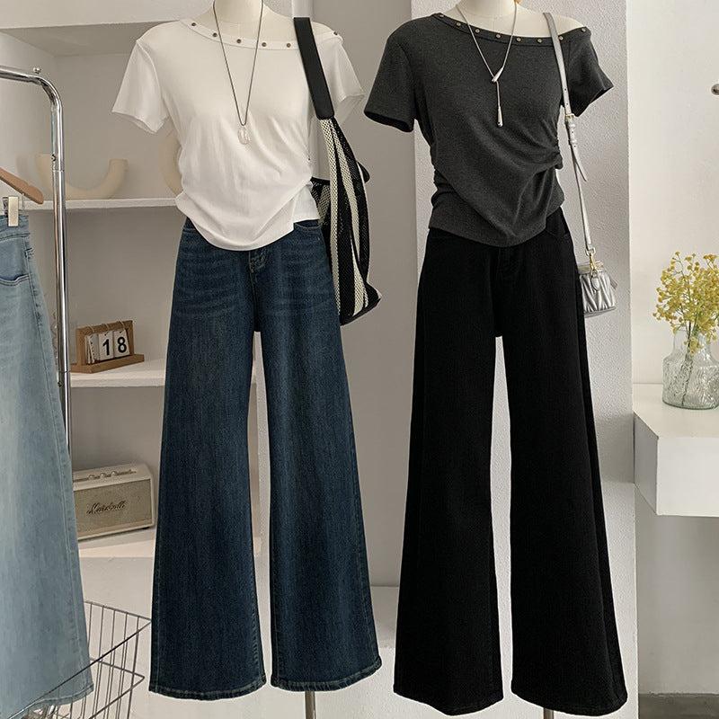 High-Waisted Wide-Leg Denim Pants for Women Spring Casual Washed Straight Leg Trousers Trendy