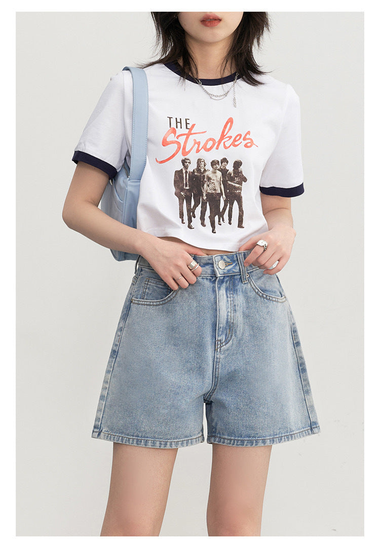 Style Denim Shorts Women's Literary Fresh High Waist Loose Slimming A-line Wide Leg Pants