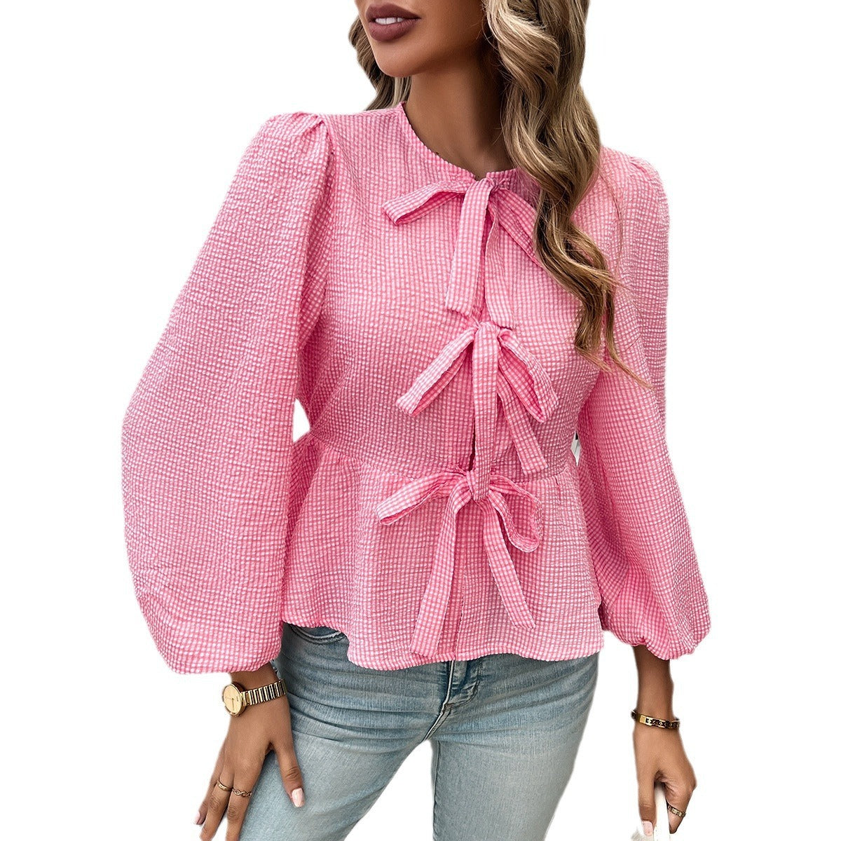 Autumn and winter women's casual bubble sleeves round neck loose long sleeved shirt for women