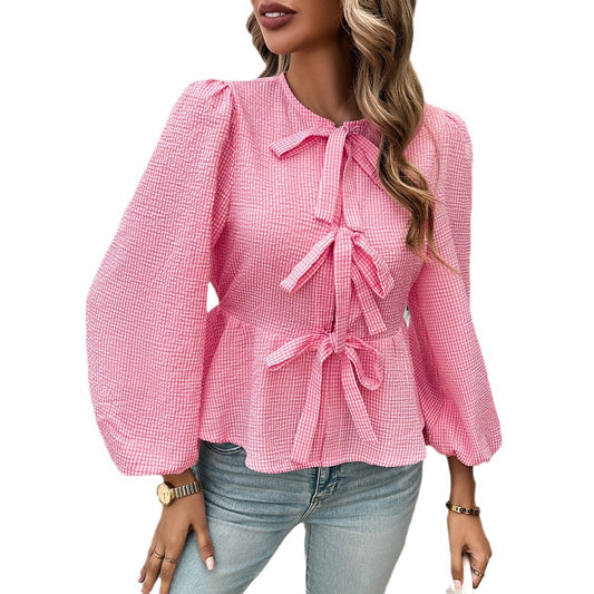 Autumn and winter women's casual bubble sleeves round neck loose long sleeved shirt for women