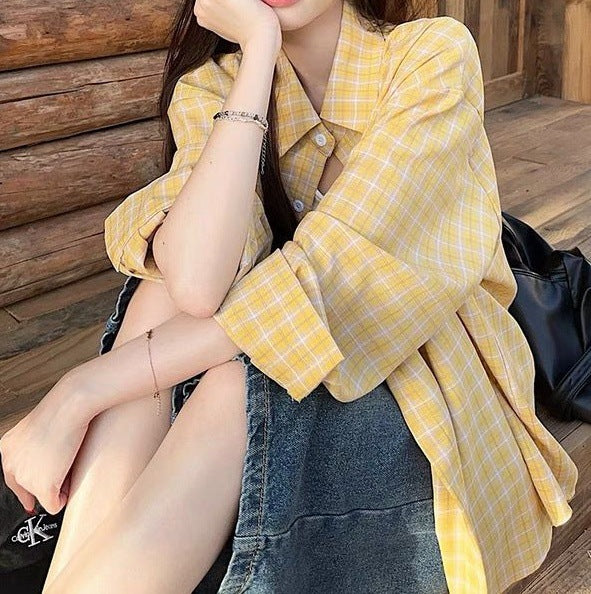 Vintage Plaid Shirt Women's  Thin Loose Collar Sunscreen Long Sleeve Blouse Outerwear Trendy