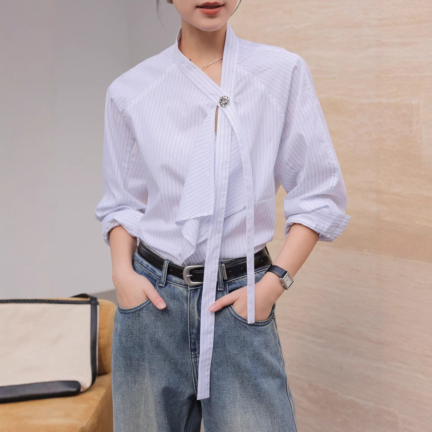 Long Sleeve Ribbon Blouse Women  Unique Stylish Top