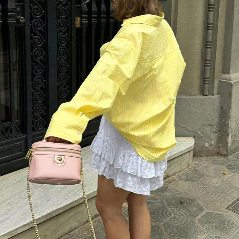 Long sleeved striped shirt cardigan for women