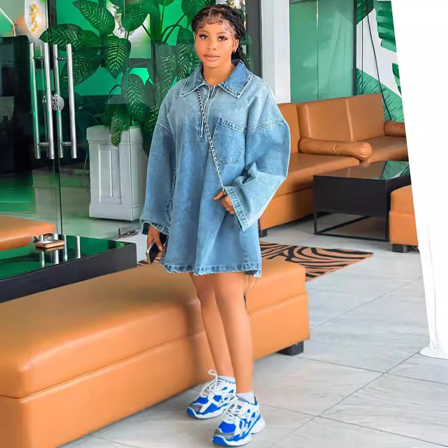 Women's Western Style Dress Summer Casual Loose Denim Dress with Turn-Down Collar Fashionable Long Dress