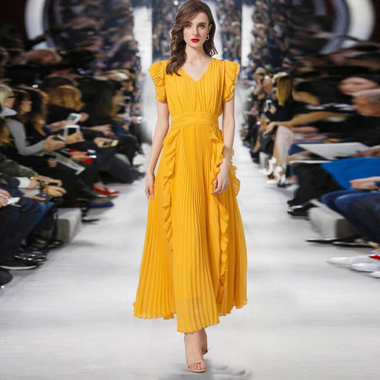 Women's V-neck Qiaoqi pleated wood ear patchwork yellow banquet dress long skirt