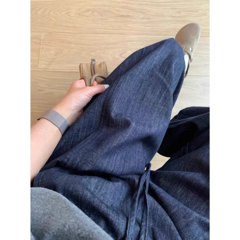 Deep Blue Linen Wide-Leg Pants for Women Summer Lightweight Loose Slimming Relaxed Straight Leg Trousers