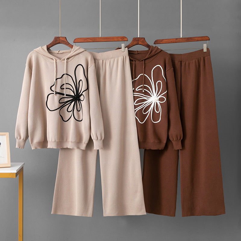 Long sleeved flower sweater wide leg pants two-piece set