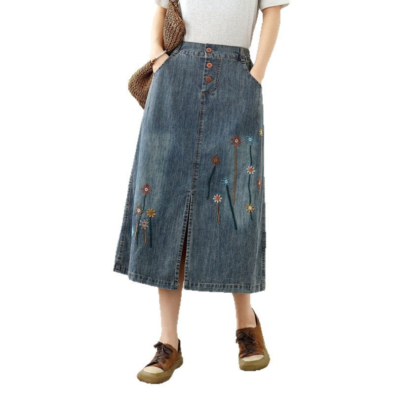 Simple Floral Embroidery Crochet Denim A-Line Skirt Women Loose High Waist Button