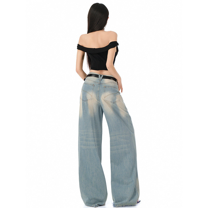 Tencel Wide-Leg Jeans Women Retro Vintage Popular Loose Straight Floor-Length Denim Pants