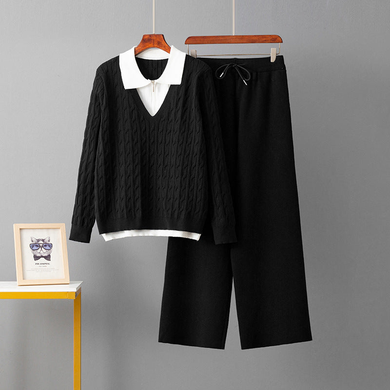 POLO collar splicing top loose straight leg pants two-piece set