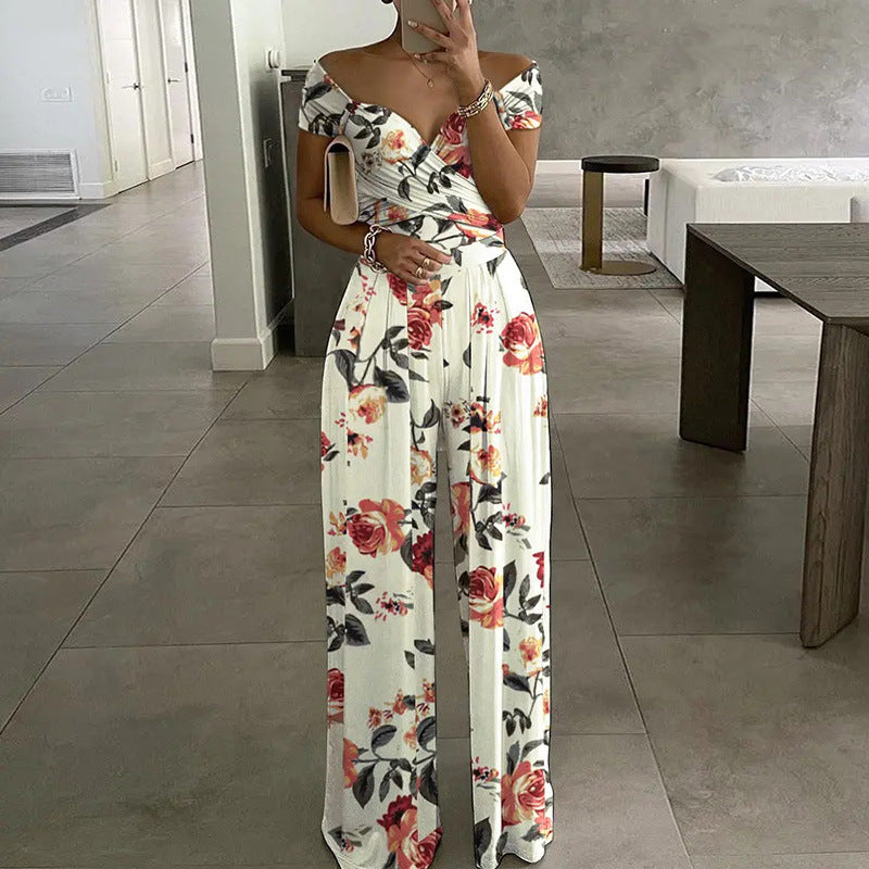 One-shoulder Printed High-waisted Jumpsuit Casual Wear