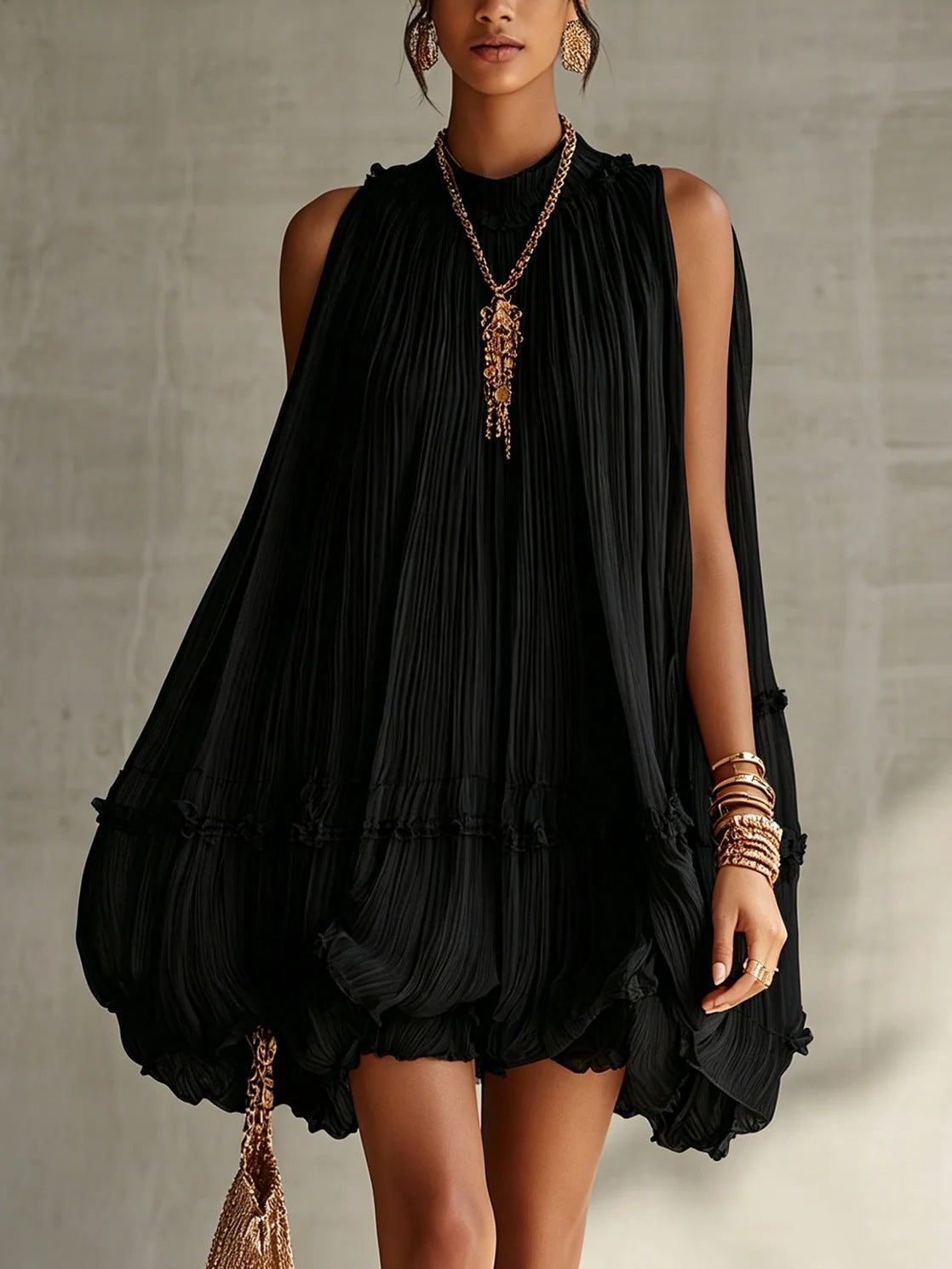 Sleeveless Pleated Mini Dress for Women, Loose A-Line Skirt with Ruffled Hem, Gathered Pleats, Casual Vacation Style, Flared Silhouette, Sweet Baby Doll Dress