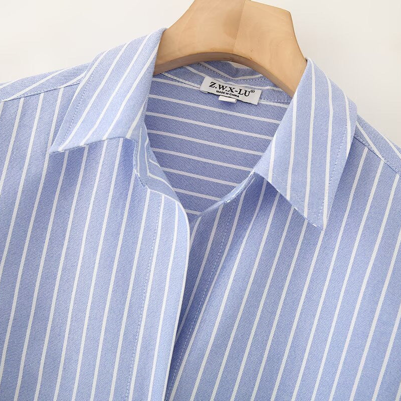 Striped Oxford cotton long sleeved lapel shirt