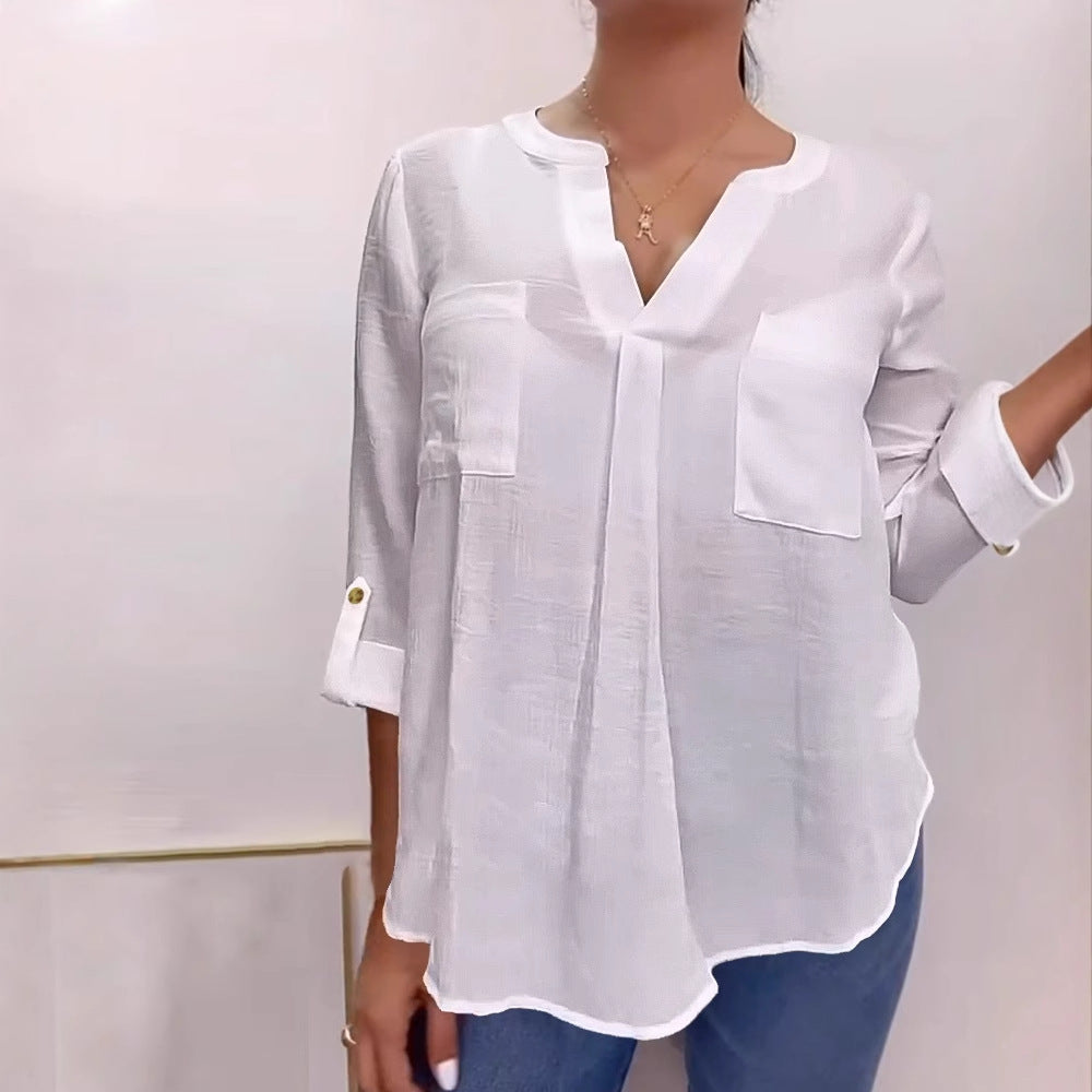 Women's White V-neck Back Buttoned Long-sleeved Blouse