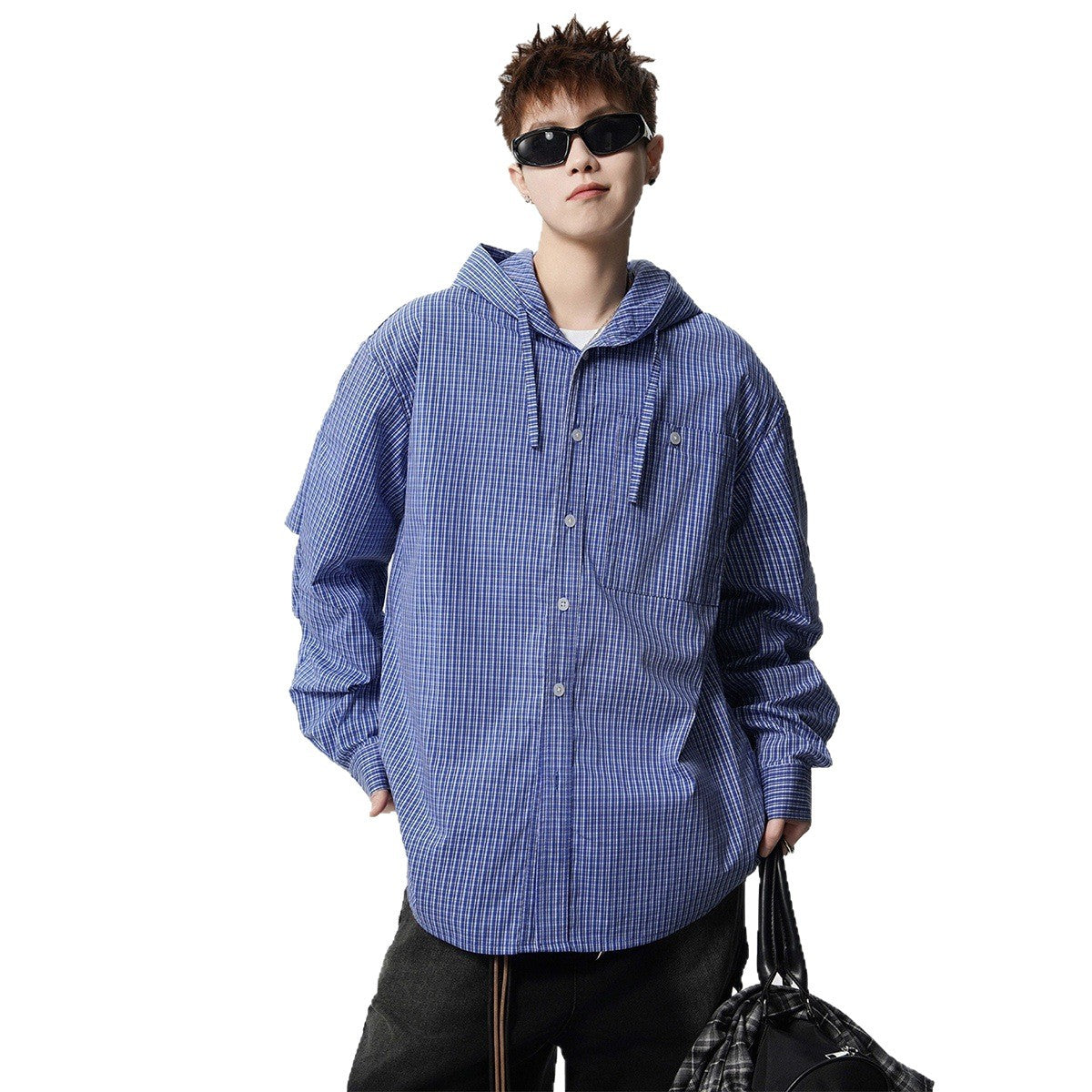 Checkered hooded long sleeved sunscreen shirt casual shirt jacket