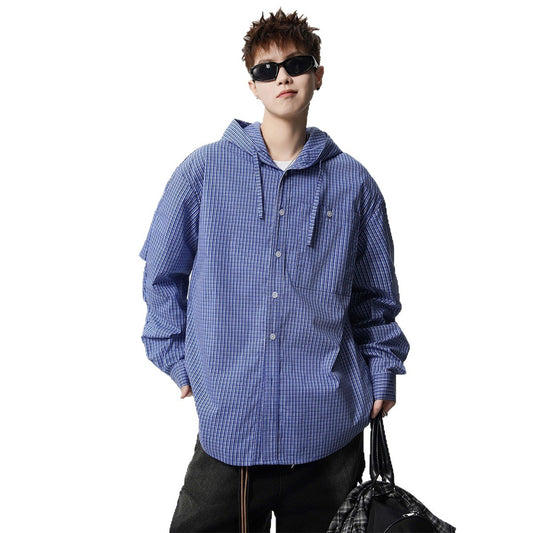 Checkered hooded long sleeved sunscreen shirt casual shirt jacket