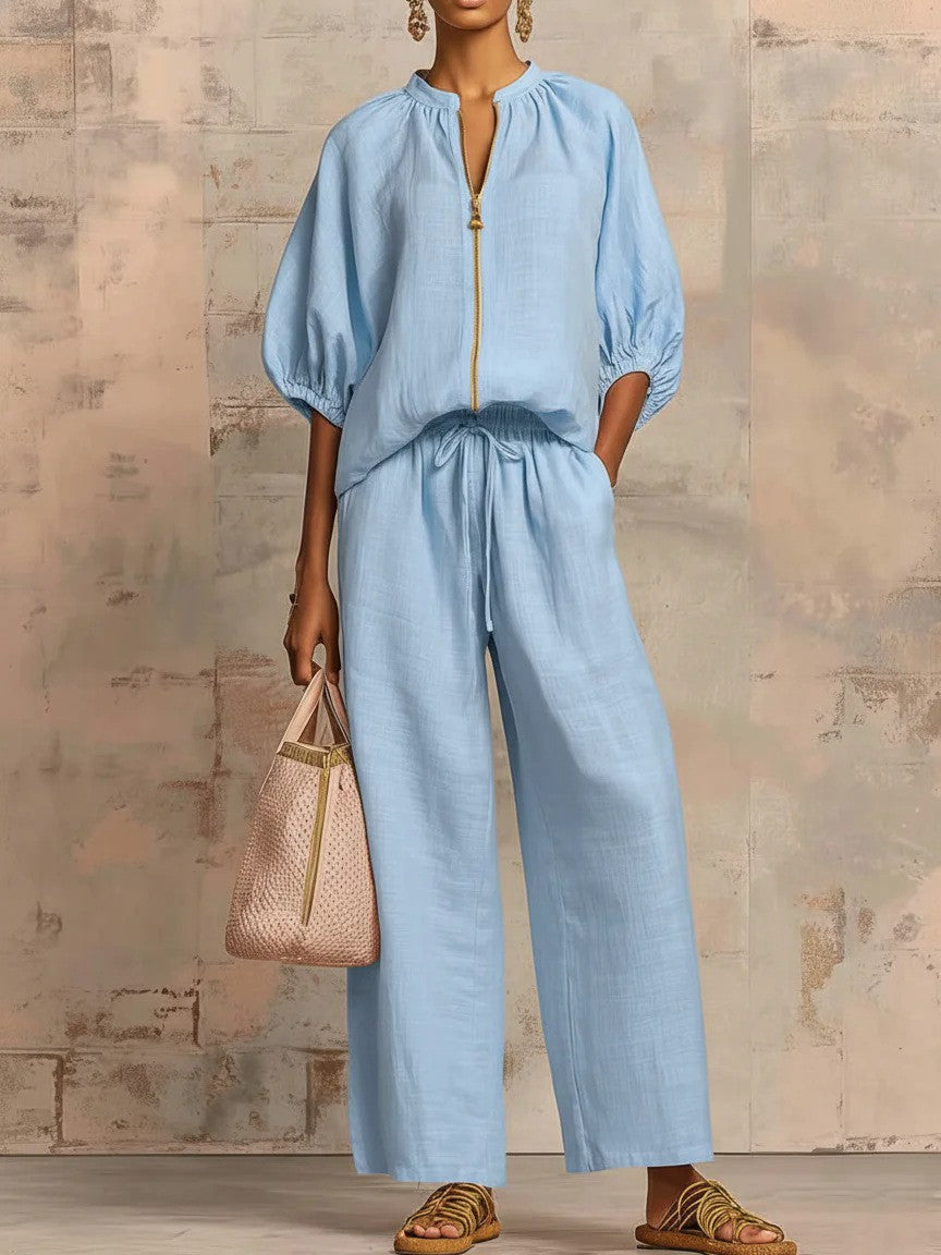 Summer Women's Casual Loose Solid Color Zipper Round Neck Wide Leg Pants Set