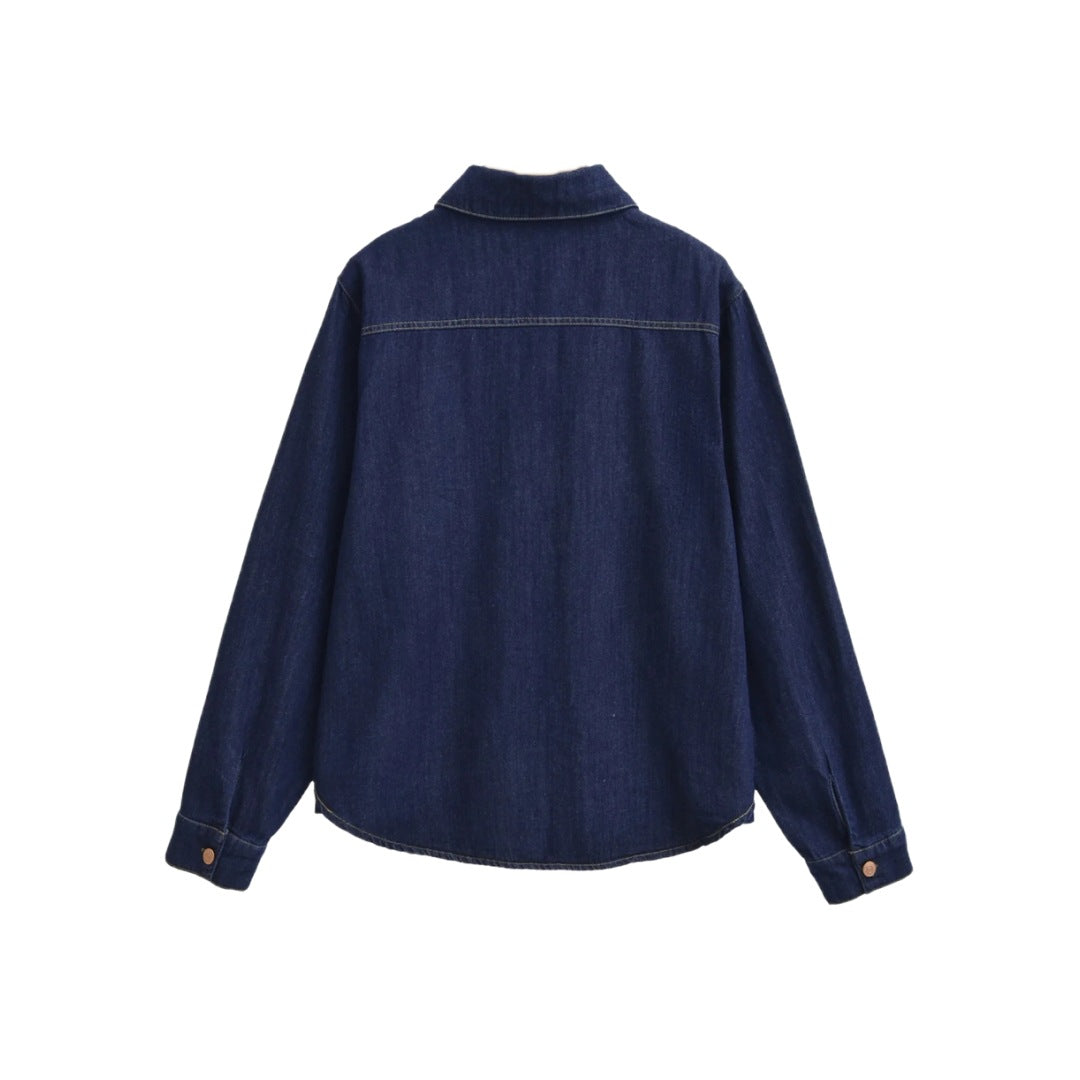 Style Retro Turn-Down Collar Single-Breasted Denim Long Sleeve Shirt Women's Design Sense Curved Hem Loose Casual Top