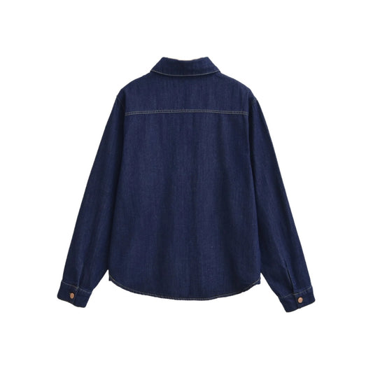Style Retro Turn-Down Collar Single-Breasted Denim Long Sleeve Shirt Women's Design Sense Curved Hem Loose Casual Top