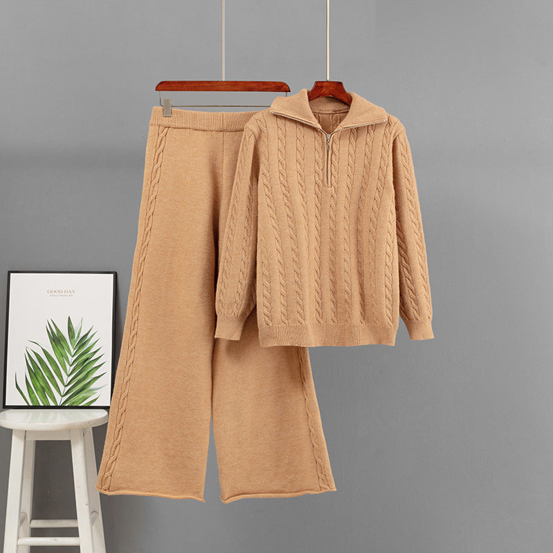 Half zip sweater loose wide leg pants two-piece set for women