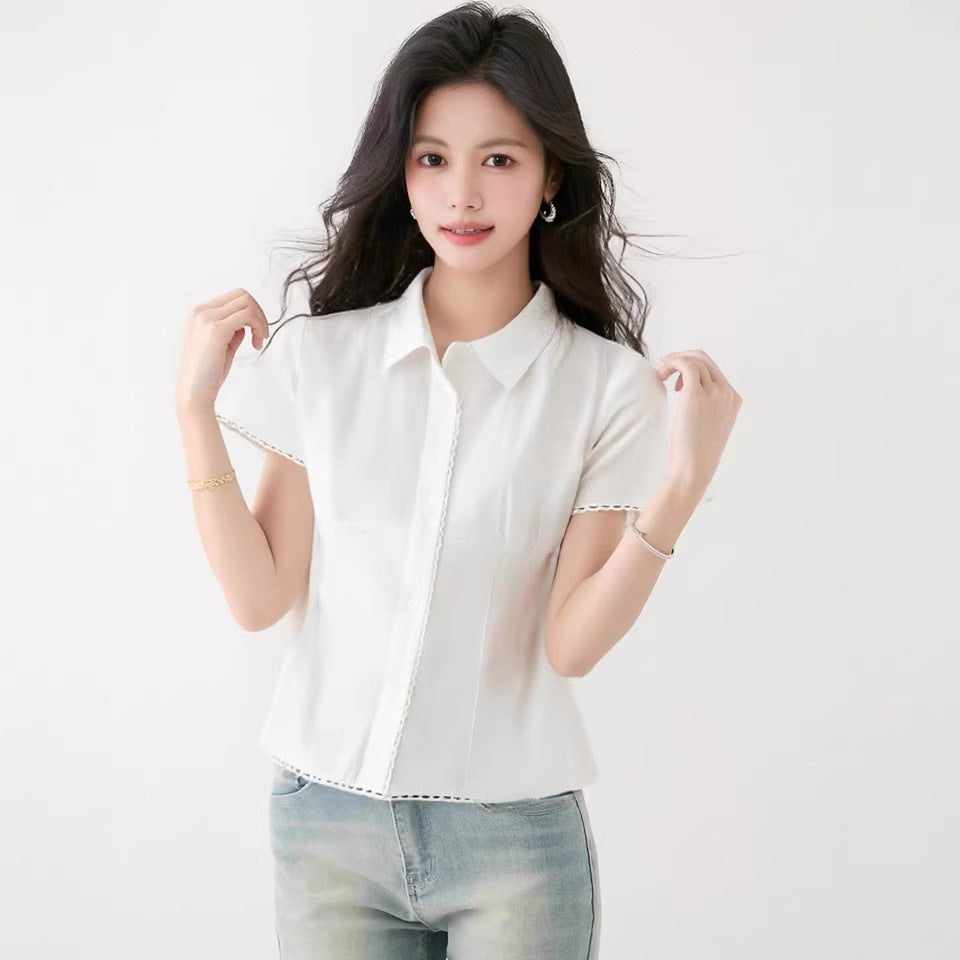 White Lace Short Sleeve Shirt for WomenPolo Collar, Fitted Blouse