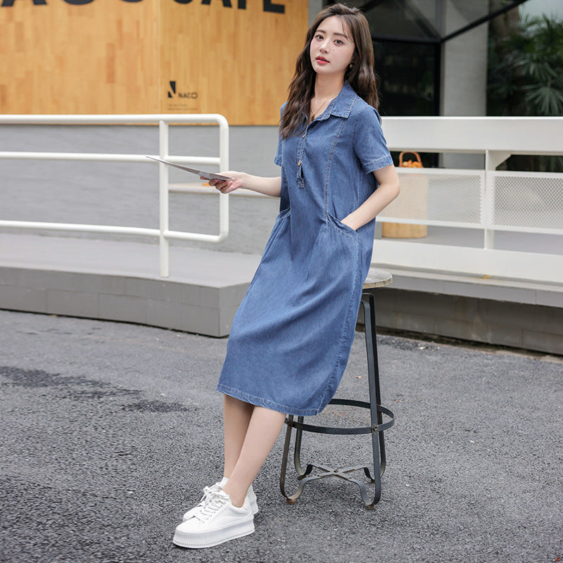 Lightweight Denim Dress Summer New Women's Short Sleeve Casual Youthful Plus Size Mid-Length Dress in Color Photo