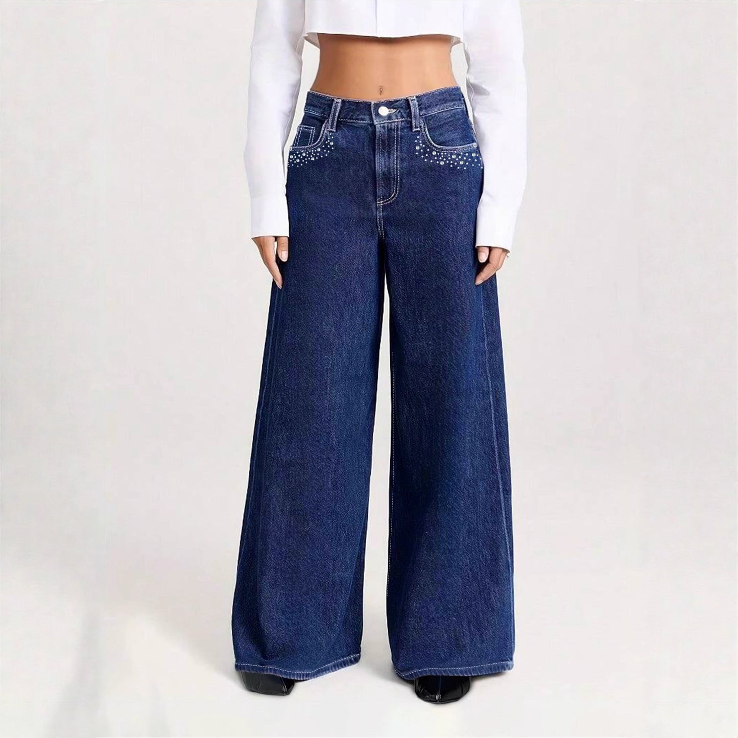 Denim Pants Women Rhinestone Pocket Wide Leg Long Pants