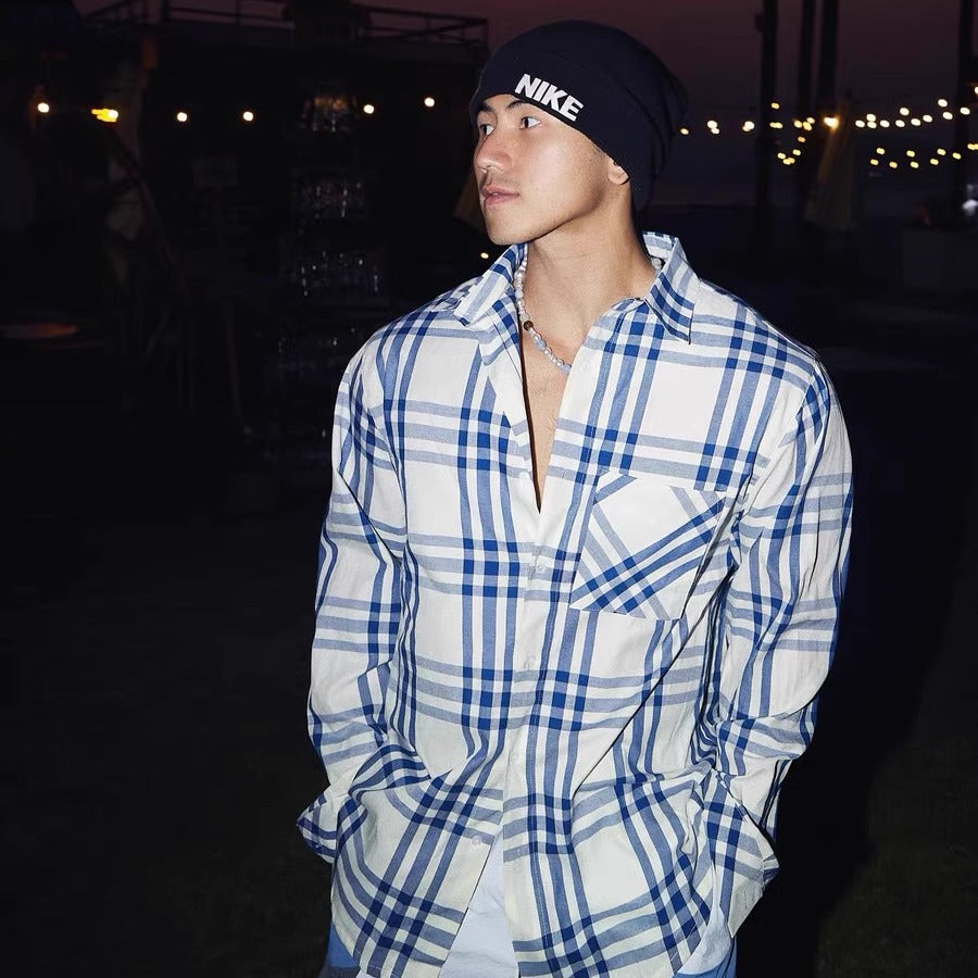 Blue checkered long sleeved shirt for men