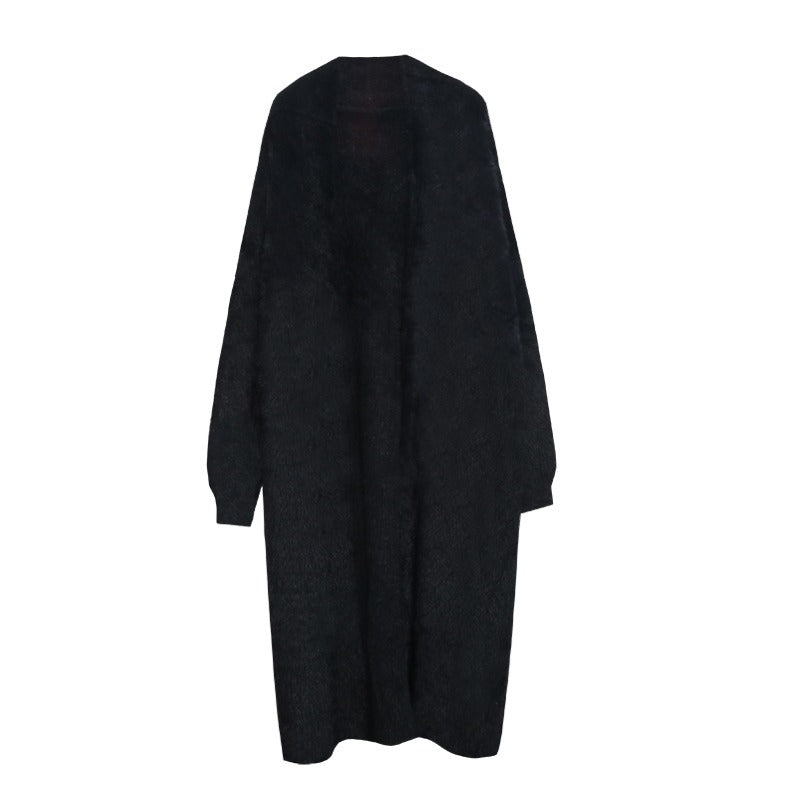 Knee length faux mink fur cardigan sweater loose knit jacket outerwear