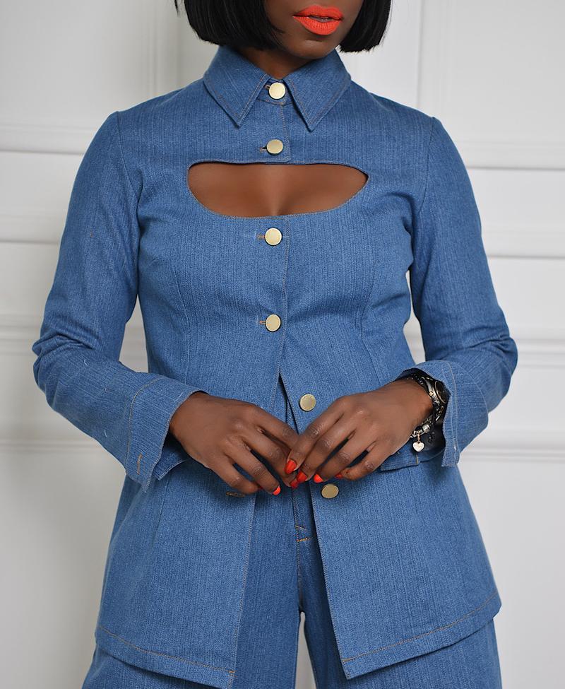 New European And American Style Women's Shirts Open Chested Faux Denim Top And Pants Two Piece Suit