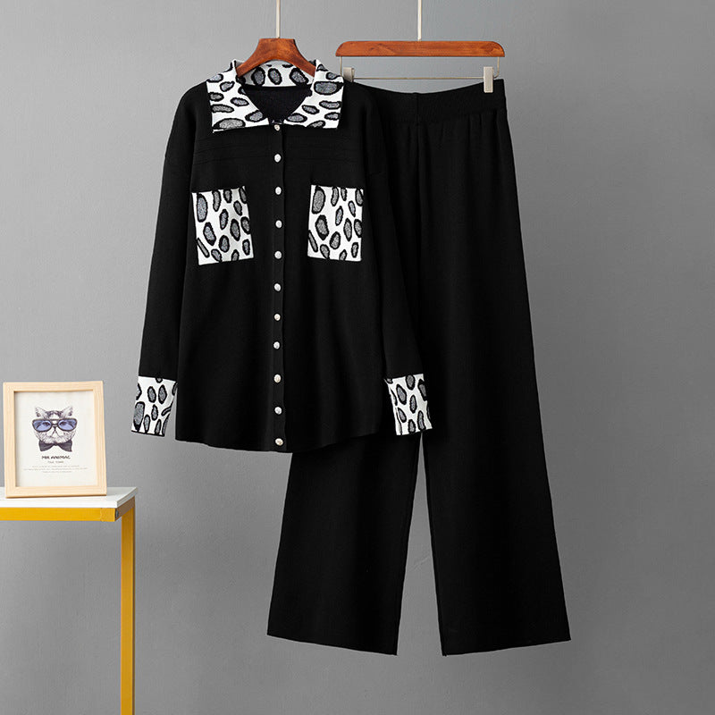 POLO collar loose sweater wide leg pants two-piece set for women