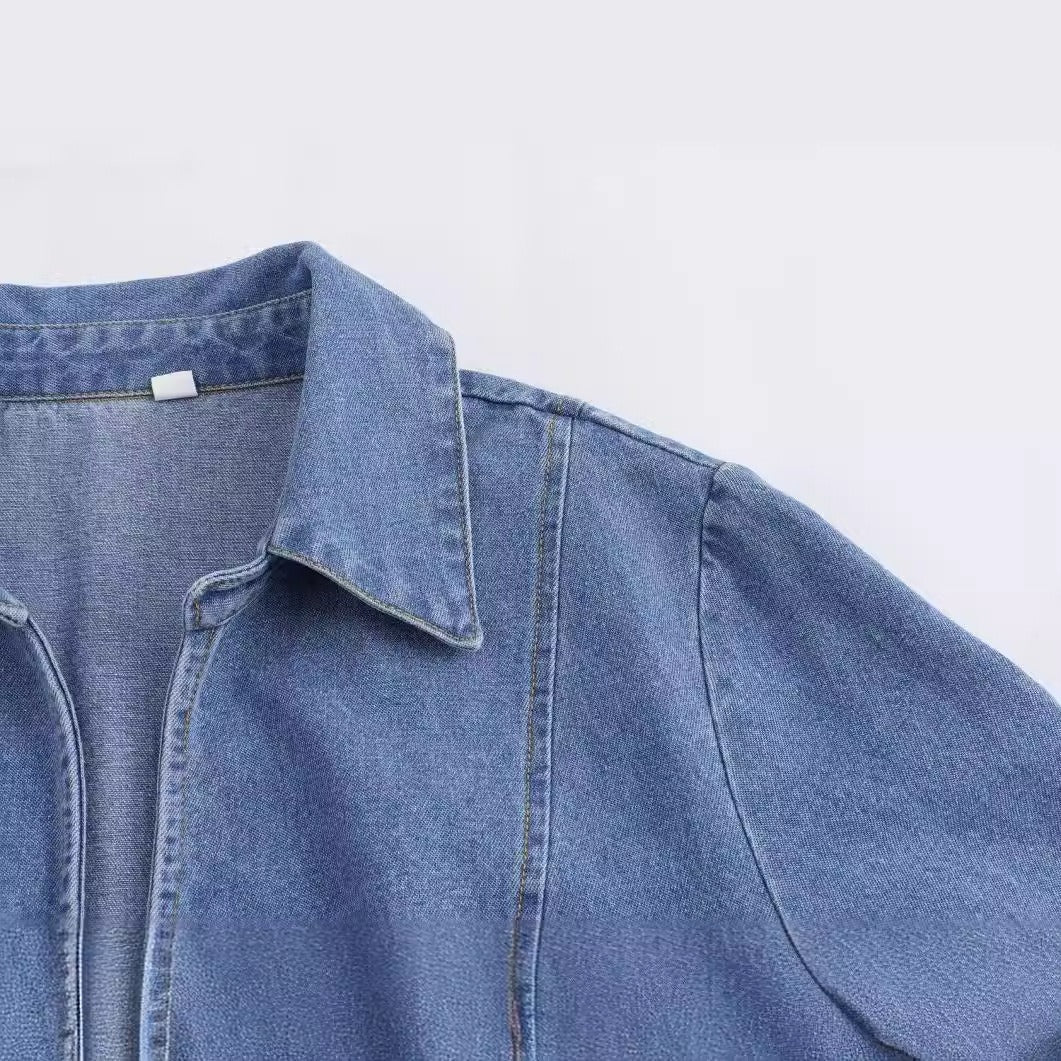 European and American summer new style fashionable lapel long sleeved lace up vintage denim shirt for women