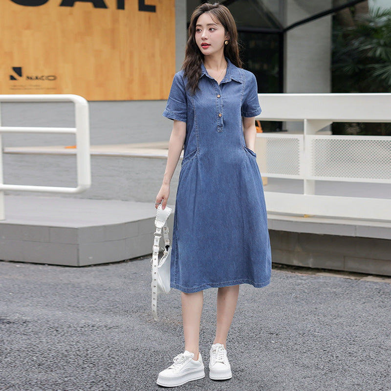 Lightweight Denim Dress Summer New Women's Short Sleeve Casual Youthful Plus Size Mid-Length Dress in Color Photo