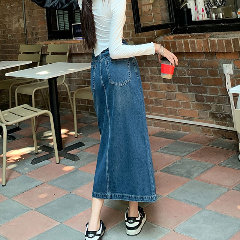 Half-sleeve High-Waisted Split A-Line Denim Skirt for Women, Vintage INS Style Slim-Fitting Mid-Length Bodycon Skirt