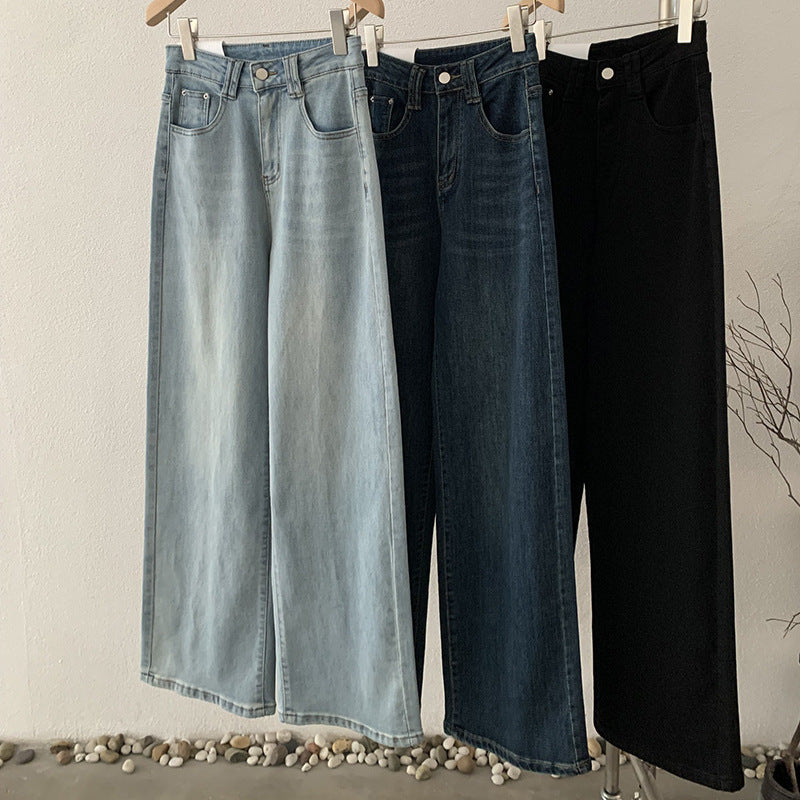 High-Waisted Wide-Leg Denim Pants for Women Spring Casual Washed Straight Leg Trousers Trendy