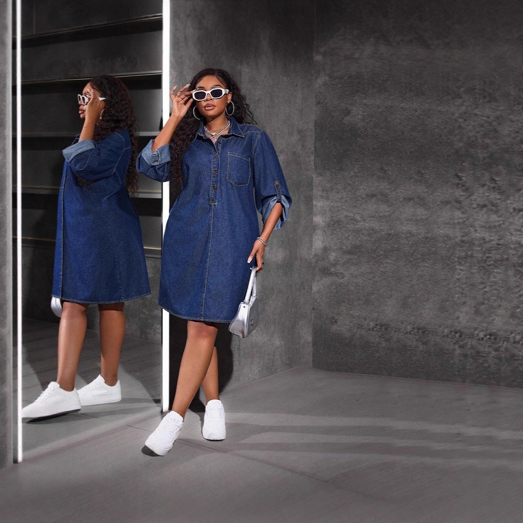 Style Denim Long Sleeve Loose Fit Retro Dress