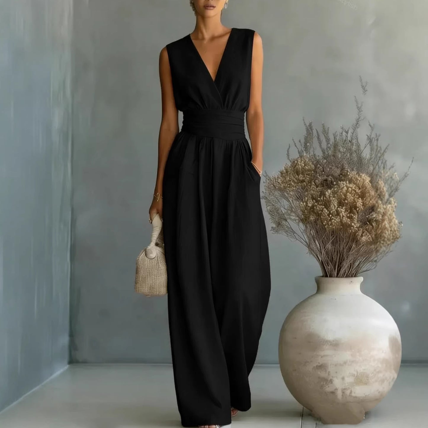Sleeveless waist cinched V-neck women's jumpsuit