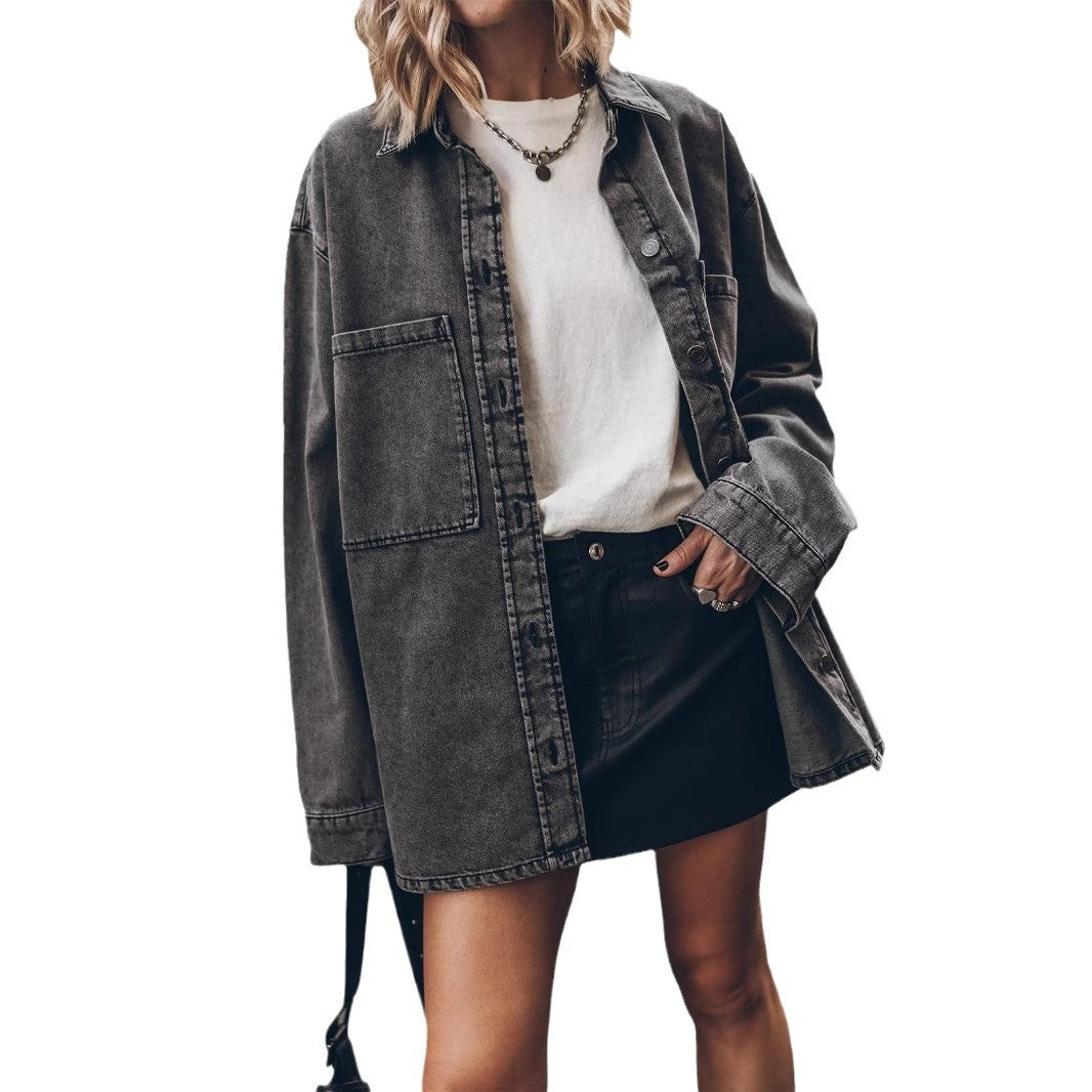 Retro long sleeved denim jacket with blue large pockets loose casual shirt for women