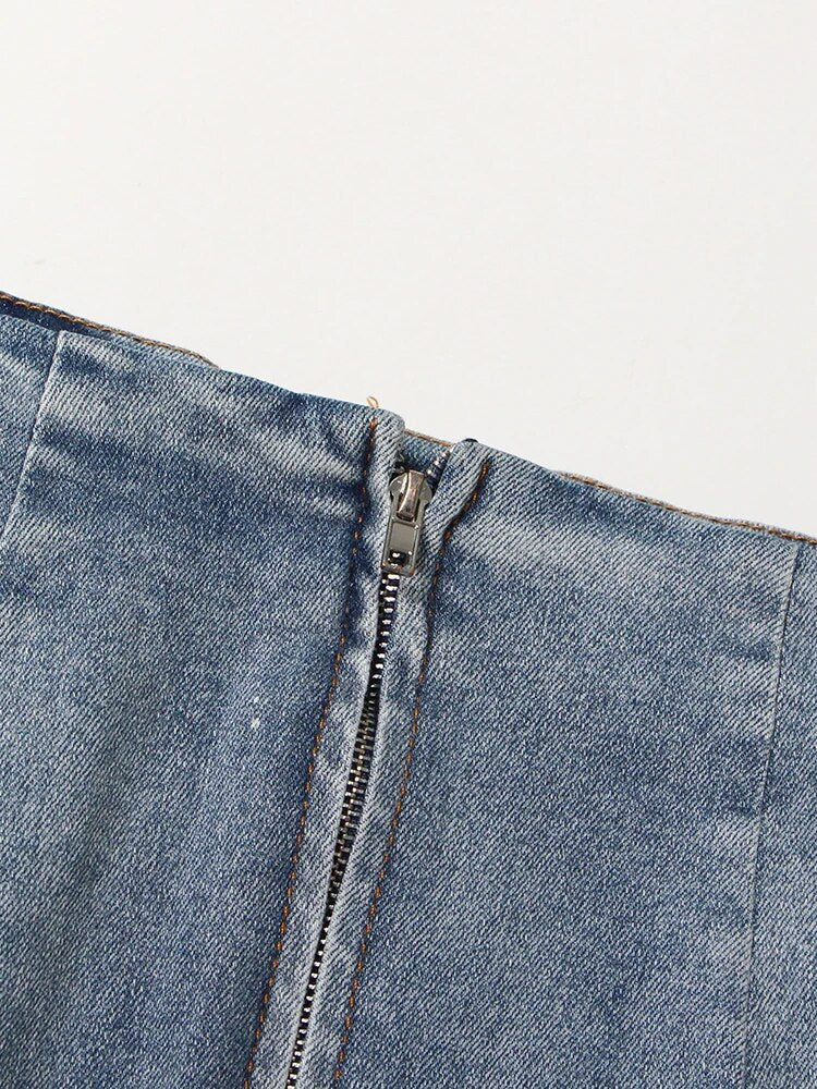 Denim Summer Skirts For Women High Waist Ombre Hit Color Raw Hem A Line Temperament Skirt Female Fashion Clothes