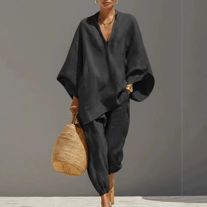 Spring Casual Loose Solid Color Shirt Women's Set